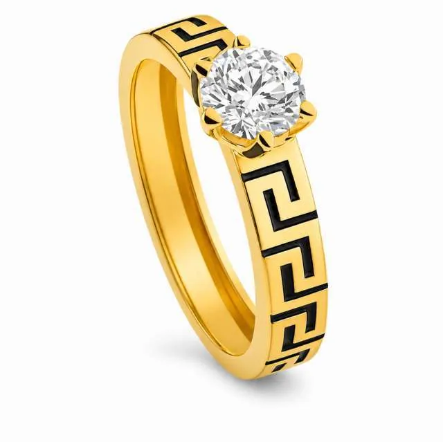 Anello con greca e zircone tondo bianco in oro giallo 18 kt