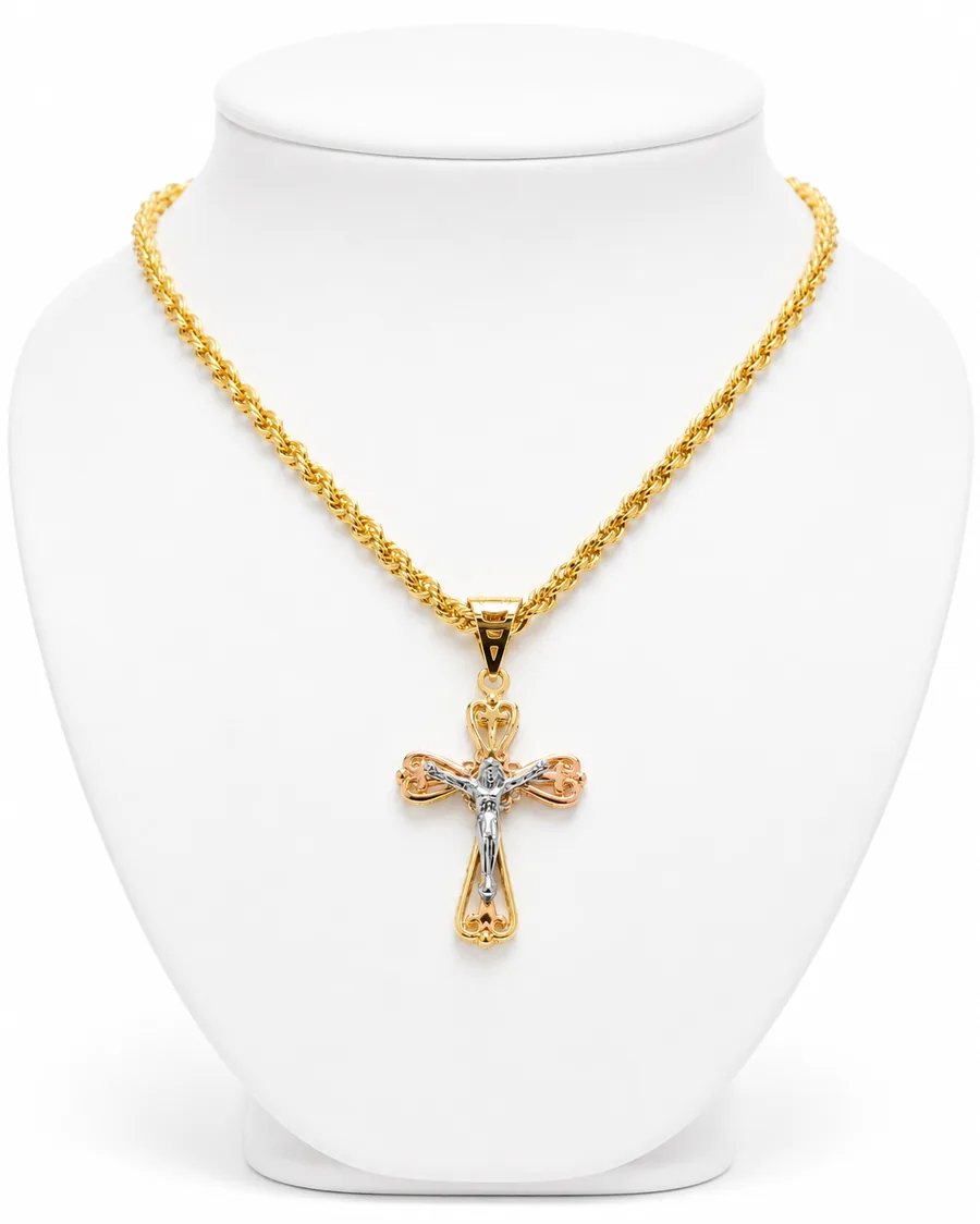 Collana America con crocifisso doppia lastra bicolore in oro 18 kt