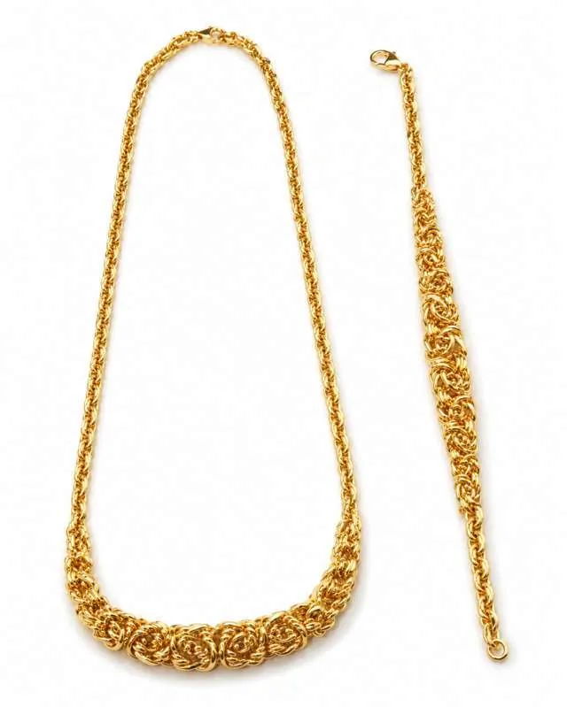 Parure collana e bracciale a maglia intrecciata in oro giallo 18 kt